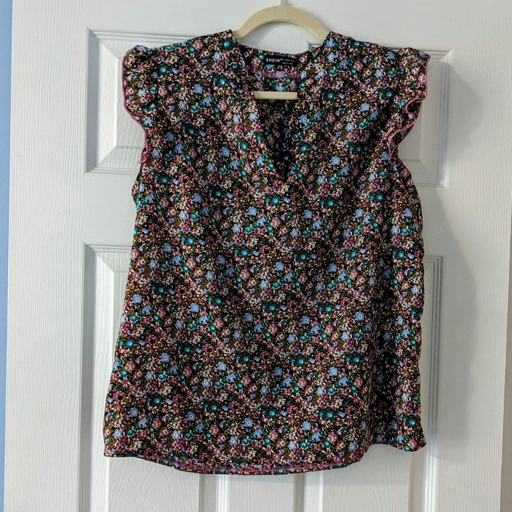 Shein Large floral flutter sleeve v neck blouse